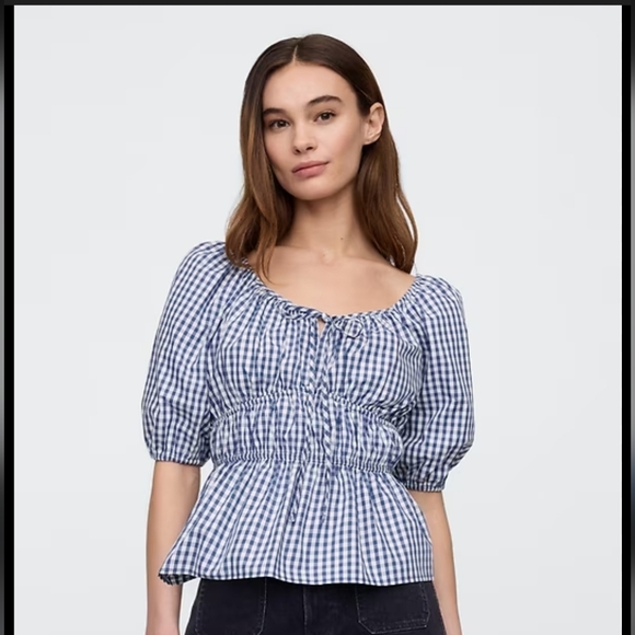 GAP Factory Tops - GAP Blue Gingham Puff-Sleeve Peplum Blouse Size XXL Nwt